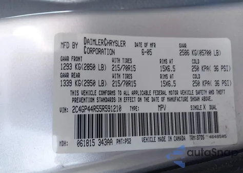 2005 Chrysler Town & Country Lx z USA, uszkodzony, nr VIN 2C4GP44R55R591210